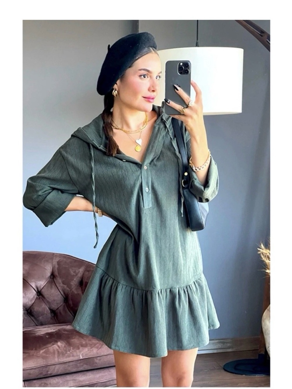 Zara Olive Green Hooded Ruffle Hem Mini Dress